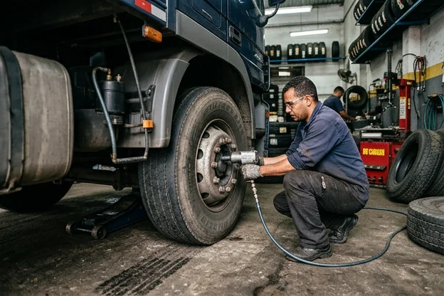 Profissional fazendo manutenção de pneus com ferramentas adequadas.