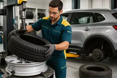 Profissional realizando a troca de pneus com ferramentas corretas.