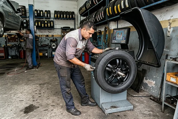 Profissional realizando balanceamento de pneus com equipamento especializado.