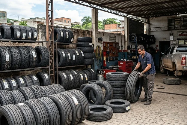 Vários tipos de pneus em exposição, permitindo a escolha adequada.